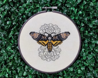 Floral Deaths-head Hawkmoth Cross Stitch Embroidery Pattern - PDF Instant Download