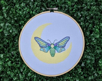 Colorful Moth and Moon Cross Stitch Pattern, Pretty Butterfly Moon Phase Embroidery Chart, Lunar Witchy Needlepoint, PDF Instant Download