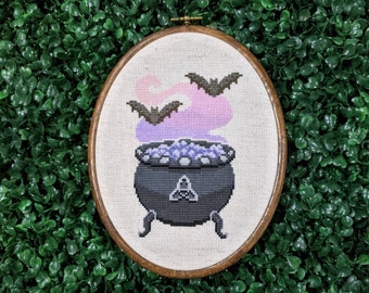 Halloween Witch's Cauldron Cross Stitch Pattern, Pretty Purple Potion Witchy Embroidery, Witchs Brew Spooky Bats Magic, PDF Instant Download