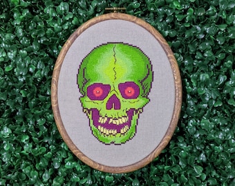 Creepy Neon Green Skull Cross Stitch Pattern, Retro Halloween Skeleton Needlepoint, Spooky Scary Bright Embroidery - PDF, Instant Download