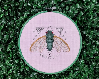 Cicada Cross Stitch Pattern, Magic Boho Witchy Chart, Occult Moons Insect Wings Embroidery, Beautiful Pretty PDF Instant Download