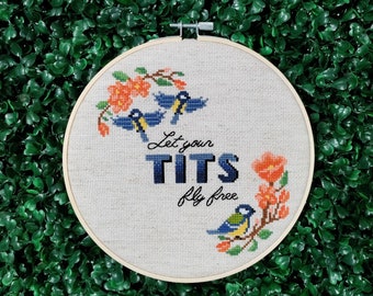 Funny Cross Stitch Pattern, Let Your Tits Fly Free Embroidery, Modern Feminist Birds Needlepoint, Great Tits Bra Free PDF, Instant Download