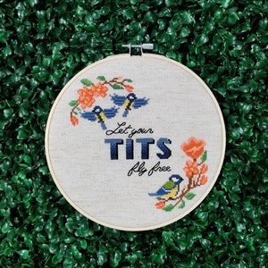 Funny Cross Stitch Pattern, Let Your Tits Fly Free Embroidery, Modern Feminist Birds Needlepoint, Great Tits Bra Free PDF, Instant Download