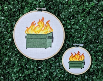 2 patterns in one! Large and Mini Dumpster Fire Cross Stitch Pattern, Subversive Embroidery, Funny Meme Flaming Trash, Garbage PDF Download