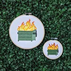 2 patterns in one! Large and Mini Dumpster Fire Cross Stitch Pattern, Subversive Embroidery, Funny Meme Flaming Trash, Garbage PDF Download