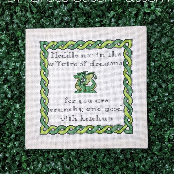 Cute Dragon Cross Stitch Pattern, Funny Quote Embroidery, Green Braided Border - PDF, Instant Download