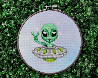 Cute Alien Cross Stitch Pattern, Scifi Embroidery, UFO Peace Space Needlepoint, Extraterrestrial Spaceship Hoop Art - PDF, Instant Download