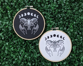 Magic Moth Moon Phase Cross Stitch Pattern, Luna Moth Witchy Chart, Occult Moons Hands Butterfly Embroidery, Monochrome PDF Instant Download