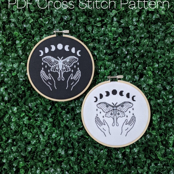 マジックモスムーンフェイズクロスステッチパターン、ルナモスウィッチチャート、オカルトムーンハンズバタフライ刺繍、モノクロPDFインスタントダウンロード