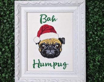 Christmas Cross Stitch Pattern, Bah Humpug, Pug in Santa Hat , Funny Embroidery, Holiday Needlework, Xmas Gift - PDF, Instant Download