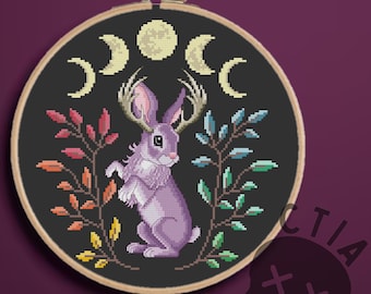 Purple Jackalope Cross Stitch Pattern, Rainbow Pride Embroidery, LGBTQ Chart, Cryptid Creature Goth Cottage Core Magic, PDF Instant Download