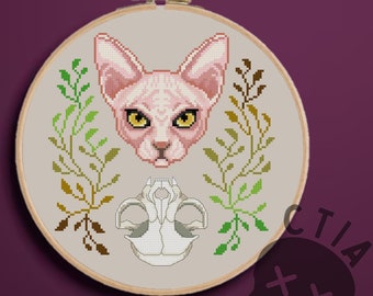 Sphynx Cat and Skull Cross Stitch Pattern, Modern Embroidery, Kitty Needlepoint, Goth Animal Chart, Death Skeleton Pink PDF Instant Download