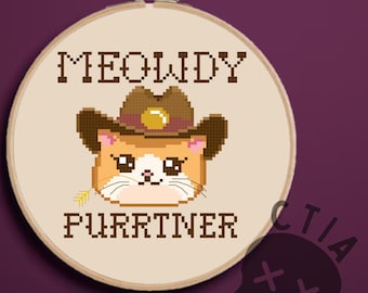 Funny Cat Cross Stitch Pattern, Meowdy Purrtner, Silly Cowboy Embroidery, Small Hoop Art, Cute Kitten Joke Pun Howdy - PDF, Instant Download