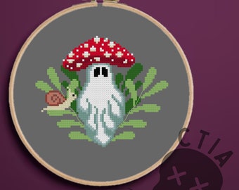 Cute Mushroom Ghost Cross Stitch Pattern, Creepy Spooky Embroidery, Goth Dark Cottagecore Hoop Art, Snail Plants Spirit PDF Instant Download