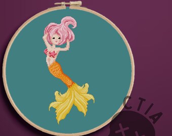 Goldfish Mermaid Cross Stitch Pattern, Pretty Sea Ocean Mermaid Embroidery Chart, Fun Pink Summer Colorful Needlepoint, PDF Instant Download
