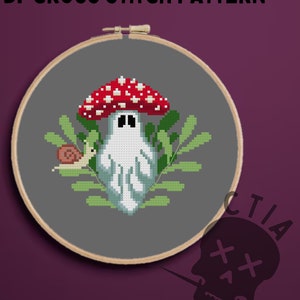 Cute Mushroom Ghost Cross Stitch Pattern, Creepy Spooky Embroidery, Goth Dark Cottagecore Hoop Art, Snail Plants Spirit PDF Instant Download