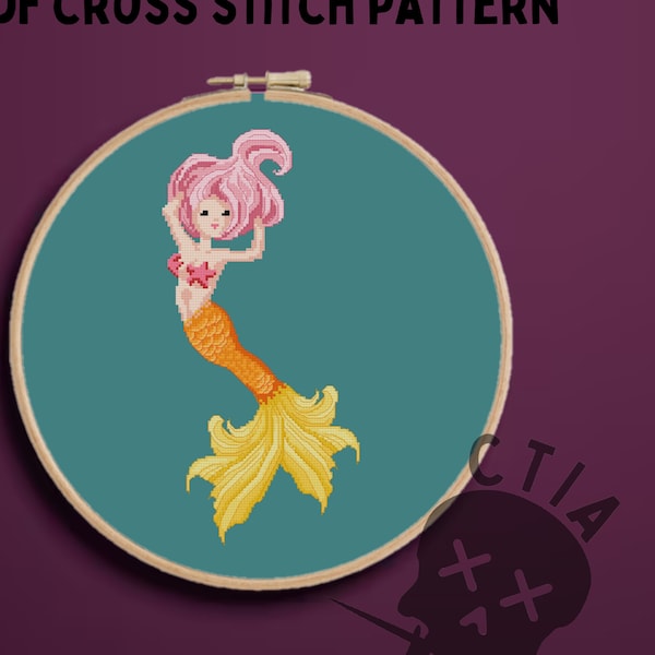 Goldfish Mermaid Cross Stitch Pattern, Pretty Sea Ocean Mermaid Embroidery Chart, Fun Pink Summer Colorful Needlepoint, PDF Instant Download