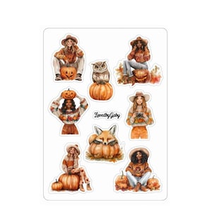 Op de afbeelding: Een vel stickers met illustraties van vrouwen, dieren en pompoenen. De stickers zijn in aquarelstijl en hebben herfstkleuren zoals oranje, bruin en geel. De tekst "LovedbyGaby" staat op het vel gedrukt.