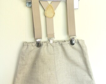 Natural colour linen shorts, bow tie and braces - baby boy photo prop - baby clothes - vintage style- page boy outfit - ring bearer outfit