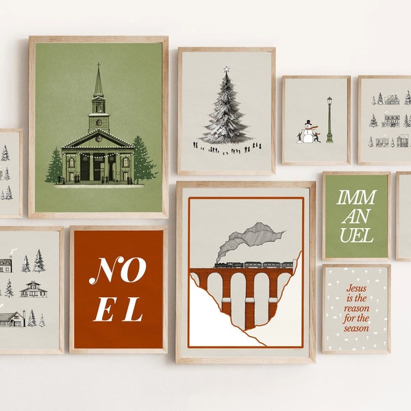 Weihnachtsstadt, Dorf, Christlicher Druck, Vintage Weihnachten, Feiertags-Set, WALL ART, DIGITAL Print, Jesus Weihnachtszeit, Baum, Zug, Schnee