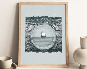 Hush Be Still, DIGITAL PRINT!, Jesus Stills Sea, WALL Art, Jesus Art, Bible Art, BibleSketches, Jesus Print, Peace Be Still, Verse Story