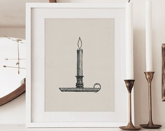 Candle Stick Holder PRINT, Home Décor, WALL Art, HOME, Household, Artful Home, Farmhouse Décor, Lit Candle, Drawing, Sketch, Old Timey, Fire