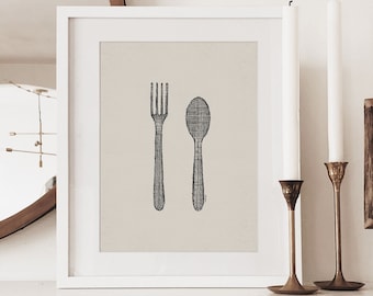 Tenedor cuchara platería impresión, cubiertos, decoración de cocina IMPRESIÓN DIGITAL, arte de pared, decoración de desayuno, decoración de cocina casera, hogar artístico, minimalista