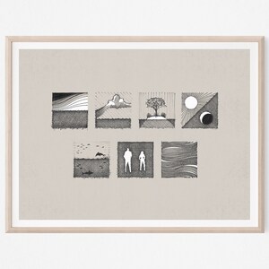 May include: A black and white illustration of a series of nine squares, each containing a different abstract design. The designs include a cloud, a tree, a sun and moon, a wave, and a person.