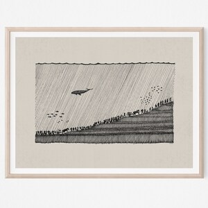 May include: A black and white line drawing of a whale swimming above a line of people walking up a hill. The drawing is on a beige background.