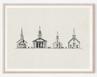 Baptist Church Print, Old Churches, DIGITAL PRINT, WALL Art, Church Sketch, Hand Drawn Churches, Sketch Print, Architecture Print, Arch Line