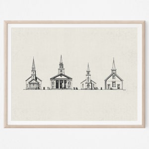 Baptist Church Print, Old Churches, DIGITAL PRINT, WALL Art, Church Sketch, Hand Drawn Churches, Sketch Print, Architecture Print, Arch Line