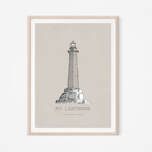 Op de afbeelding: Een zwart-witte lijntekening van een vuurtoren op een beige achtergrond. De tekst "MY LIGHTHOUSE" staat onder de vuurtoren, met de bijbelverzen "Psalm 133:1, Micha 7:14, Johannes 8:12".