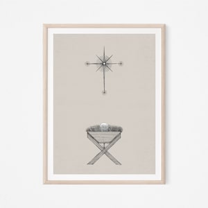 May include: A black and white illustration of a star and a manger, a traditional symbol of the Christmas story.