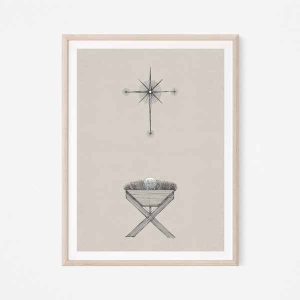 Modern Nativity Wall Art, DIGITAL PRINT, Christmas Print, Away in a Manger, Advent Decor, Emmanuel, Jesus Art, Star of Bethlehem, Christ Art