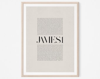 May include: A framed print with a beige background featuring the text "James 1" in bold black font. The text is a passage from the Bible, specifically the book of James, chapter 1, verses 1-27. The print is a minimalist design with a simple black font on a beige background.