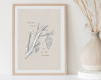 I am the vine, you are the branches, John 15:5, DIGITAL PRINT, WALL Art, Bible Art, Jesus Art, BibleSketches, Verse Print, Scripture Poster