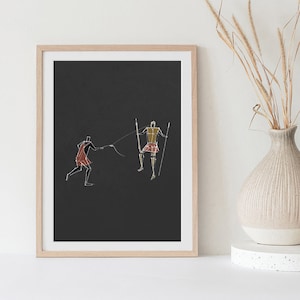 以下が含まれることがあります： 暗い背景に2人の人物が描かれた、額縁に入った白黒の線画。左の人物はロープを持って、右の人物を引っ張っている。右の人物は竹馬に乗っている。