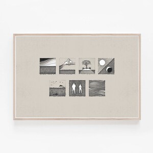 May include: A framed black and white illustration of a series of nine squares, each depicting a different scene. The scenes include a sunset, a cloud, a tree, a sun and moon, a sea with birds, a silhouette of two people, and a wavy line pattern.