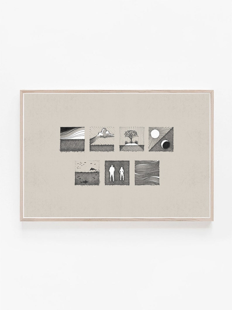 May include: A framed black and white illustration of a series of nine squares, each depicting a different scene. The scenes include a sunset, a cloud, a tree, a sun and moon, a sea with birds, a silhouette of two people, and a wavy line pattern.