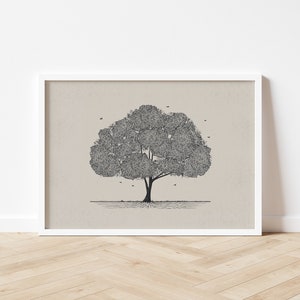 May include: A black and white line drawing of a tree with a thick trunk and many branches. The tree is surrounded by small birds. The drawing is on a beige background and framed in a white frame.