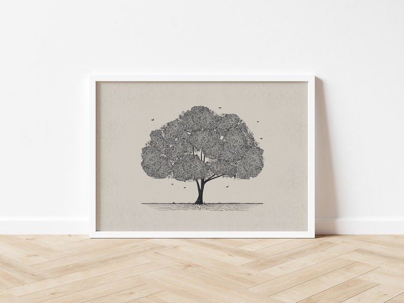 May include: A black and white line drawing of a tree with a thick trunk and many branches. The tree is surrounded by small birds. The drawing is on a beige background and framed in a white frame.