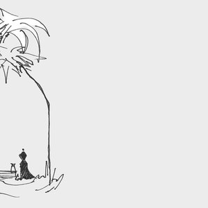 May include: A black and white line drawing of a person sitting on a bench under a palm tree. The drawing is simple and stylized, with a focus on the figure and the tree. The text "Close Up" is written at the bottom of the image.
