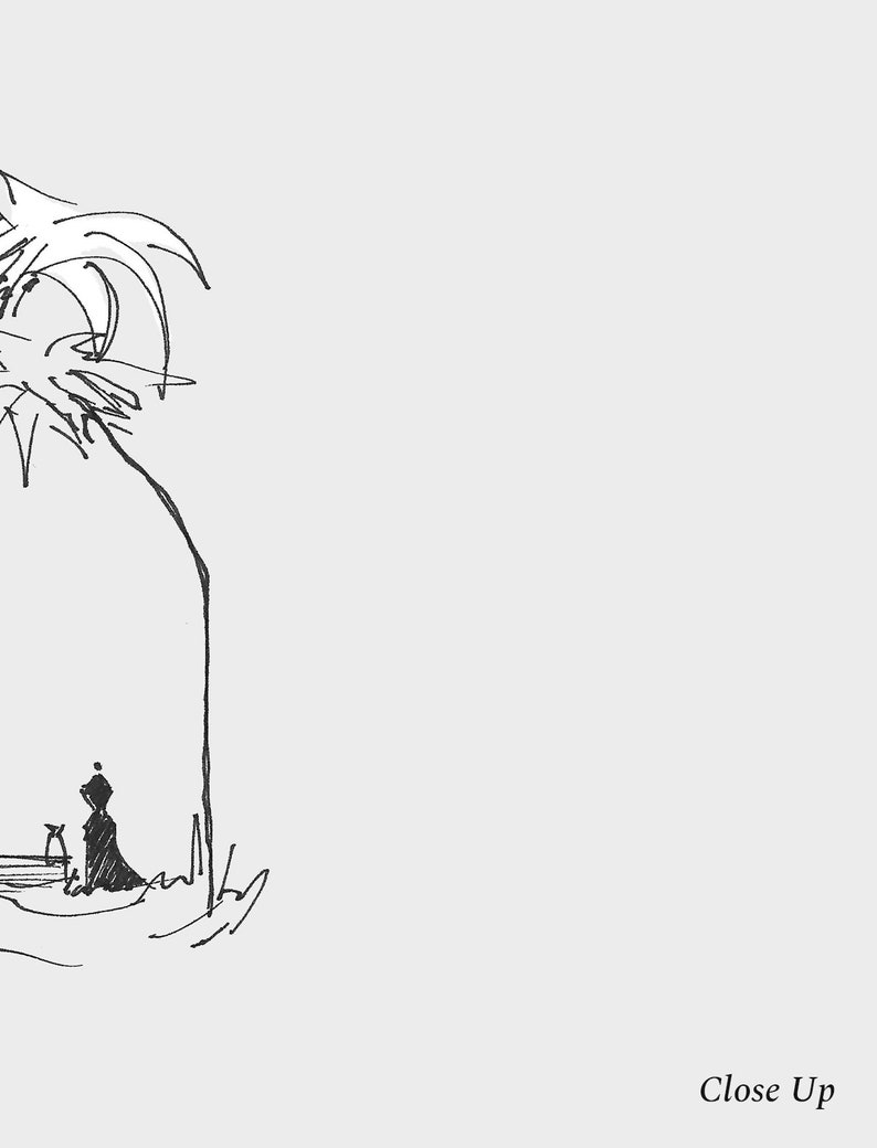 May include: A black and white line drawing of a person sitting on a bench under a palm tree. The drawing is simple and stylized, with a focus on the figure and the tree. The text "Close Up" is written at the bottom of the image.
