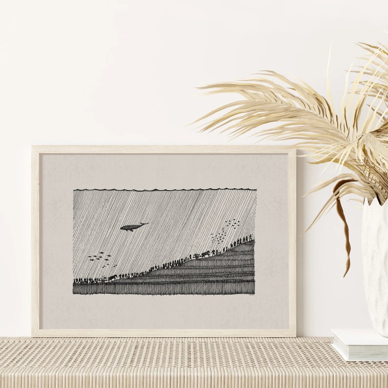 May include: A black and white line drawing of a whale swimming above a school of fish. The fish are swimming in a line, ascending a hill. The drawing is framed in a light wood frame.
