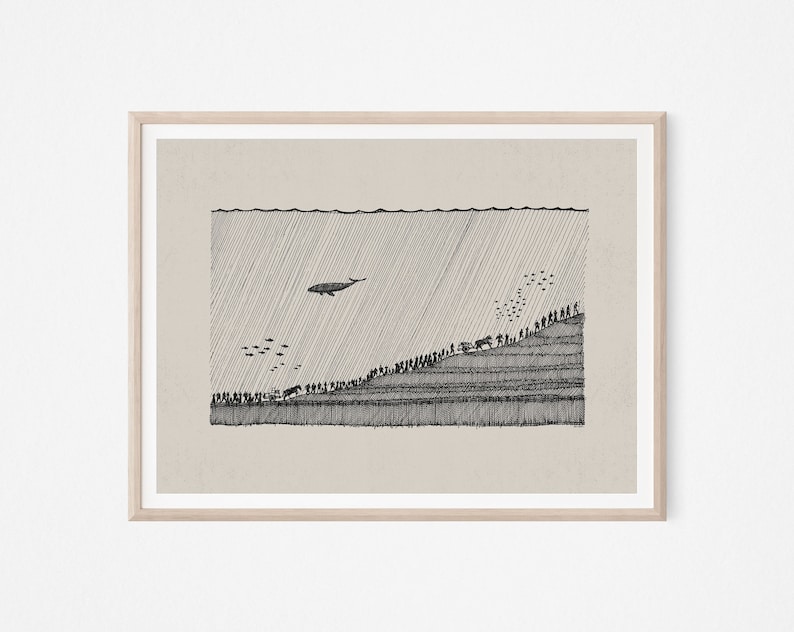 May include: A black and white line drawing of a whale swimming above a line of people walking up a hill. The drawing is on a beige background.