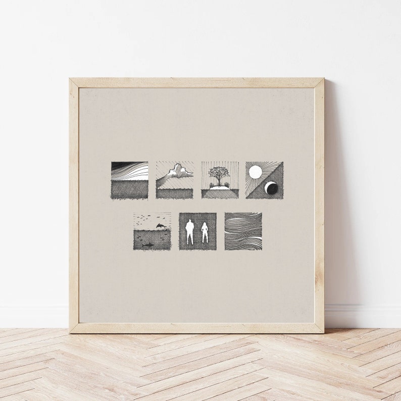 May include: A framed black and white illustration of nine different scenes. The scenes include a landscape with a cloud, a tree on an island, a sun and moon, a sea with birds, two figures standing side by side, and a wavy line pattern.