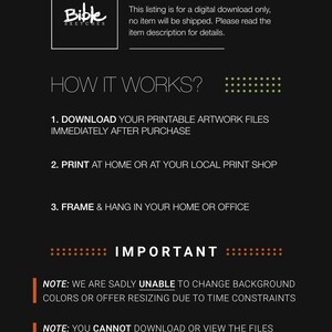 May include: A black and white image with text that reads "INSTANT DOWNLOAD" and "HOW IT WORKS?" with instructions for downloading and printing printable artwork files. The text also reads "IMPORTANT" with notes about the artwork files, including that the background colors cannot be changed and that the files cannot be downloaded or viewed on a mobile phone.