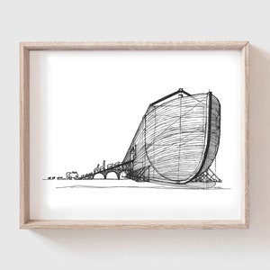 May include: A black and white line drawing of Noah's Ark, with a long, narrow hull and a pointed bow. The ark is depicted as being very large, with many windows and doors. The drawing is simple but effective, and it captures the essence of the biblical story.