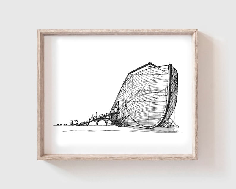 May include: A black and white line drawing of Noah's Ark, with a long, narrow hull and a pointed bow. The ark is depicted as being very large, with many windows and doors. The drawing is simple but effective, and it captures the essence of the biblical story.