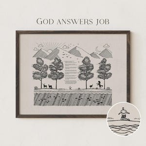 May include: Black and white illustration of a mountain landscape with a quote from the Book of Job. The quote reads "For I know that my Redeemer liveth, and that he shall stand at the latter day upon the earth." The illustration includes trees, deer, a horse, and a river.